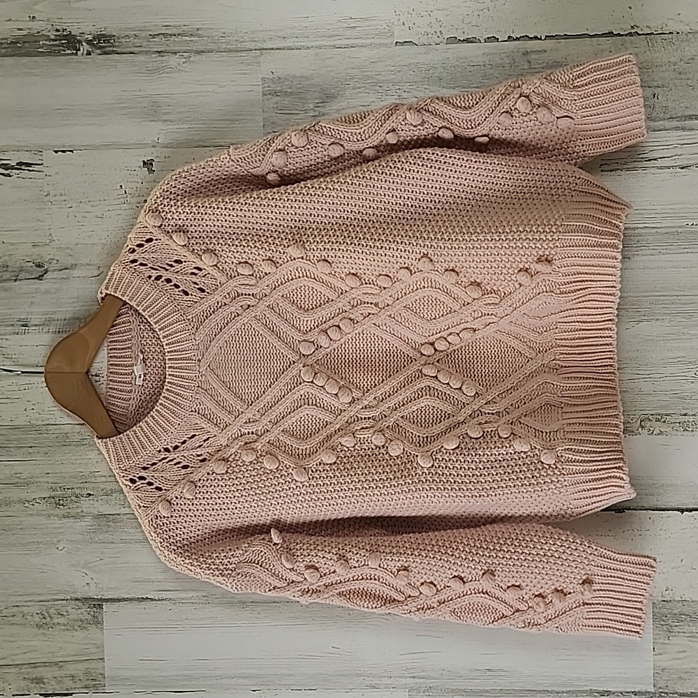 En Creme pink blush multi knit pom poms cropped crew neck sweater Size XL